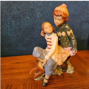Nadal Spanish Porcelain Figurine Boy and Girl with Wheelbarrow Winter Scene 10in